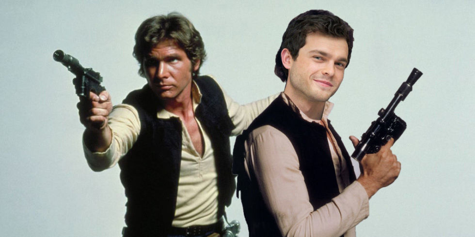 Han Solo, slik vi husker ham (t.v.) – spilt av Harrison Ford. Til høyre en montasje med Alden Ehrenreich, som har rollen i den nye filmen.