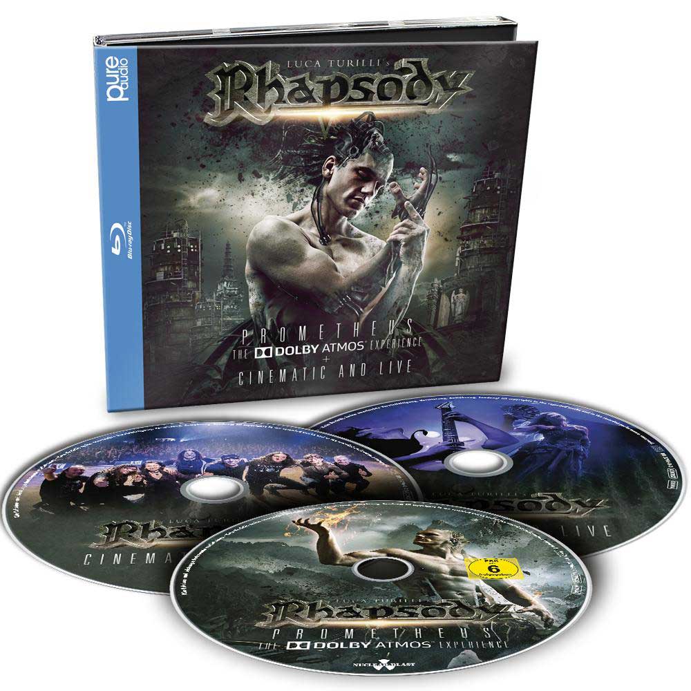 Luca Trill’s Rhapsody «Prometheus, The Dolby Atmos Experience + Cinematic And Live» består av en Blu-ray Disc med Dolby Atmos-lyd og to CD-er.
